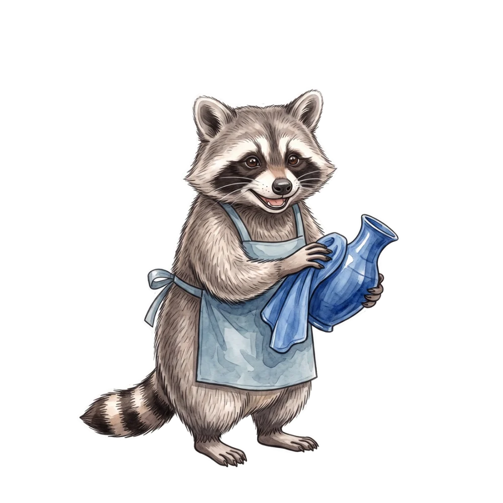 Der Waschbär mit Putzzubehör
